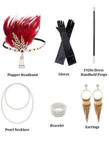 1920s Women's Sequined Fancy Dress Party Dress (Dress+Six Piece Set Accessories) - 酒紅色 - 查看 6