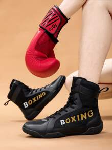 TOLLN Zapatillas de lucha de caña alta para hombres, zapatos de boxeo de nivel profesional, botas de entrenamiento para Muay Thai, Kickboxing, MMA y acondicionamiento físico - Negro - Ver 5