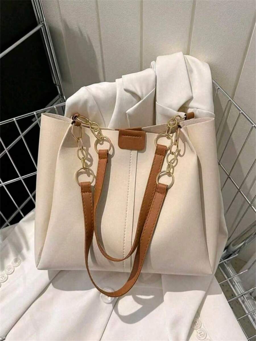 Fashion Striped Handbag - Women's Large Capacity Shoulder Bag - Zipper Tote Bag For Daily Use, Metal Chain Strap Tote, Waterproof Nylon Fabric Cow Print, Back To School