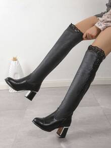 大码纯色蕾丝拼布高跟过膝一脚蹬靴 - 黑色 - 查看 6