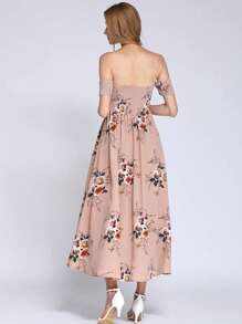 Vestido con estampado floral elegante vestido de hombros descubiertos moda para mujer - Caqui - Ver 5