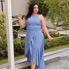 Women's Plus Size Midi Wrap Skirt Set, Cropped Halter Neck, Tie Back, Long Dress Style Set, Casual Social - Màu xanh lam - Xem 6