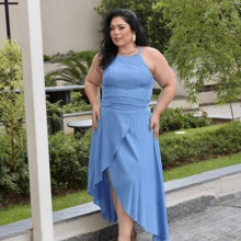 Women's Plus Size Midi Wrap Skirt Set, Cropped Halter Neck, Tie Back, Long Dress Style Set, Casual Social - Màu xanh lam - Xem 4