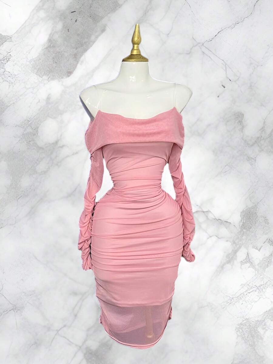 Vestido de dama drapeado primavera fresco lindo fiesta jardin verano juvenil midi - Rosa Pálido - Ver 1