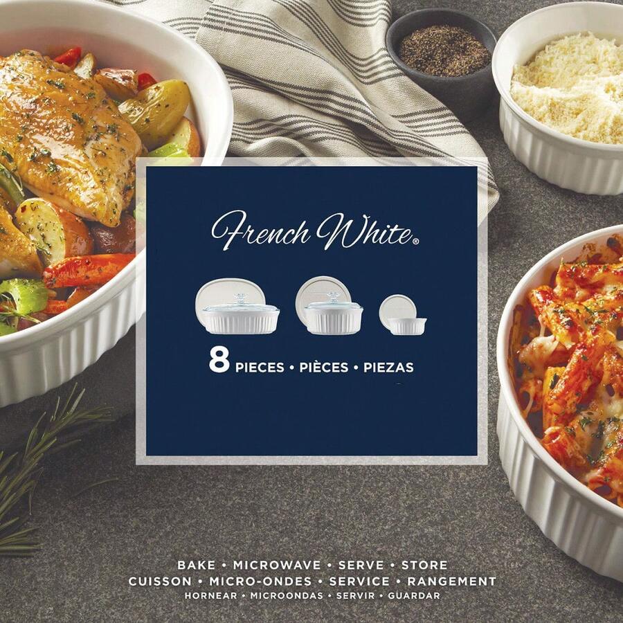 French White 8Piece Ceramic Stoneware Casserole Set With Glass And