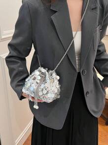 小众闪亮亮片链条小手提包女2024新款百搭法式时尚斜挎小方包单肩包 - 亮銀色 - 查看 6