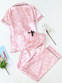 Conjunto de 2 piezas de pijama con estampado de leopardo en tono rosa satinado, camisa de manga corta con solapa y botones y pantalón con lazo, ropa cómoda para el hogar/dormir, adecuado para primavera/otoño, conjunto de dos piezas - Rosa - Ver 2