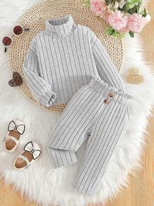 Set 2 buc. bluză și pantaloni cu volane, casual, solidă, cu guler înalt, umeri căzuți, mânecă lungă, pentru bebeluși, potrivit pentru ieșiri în oraș, primăvară/toamnă - Gri - Vizualizare 1