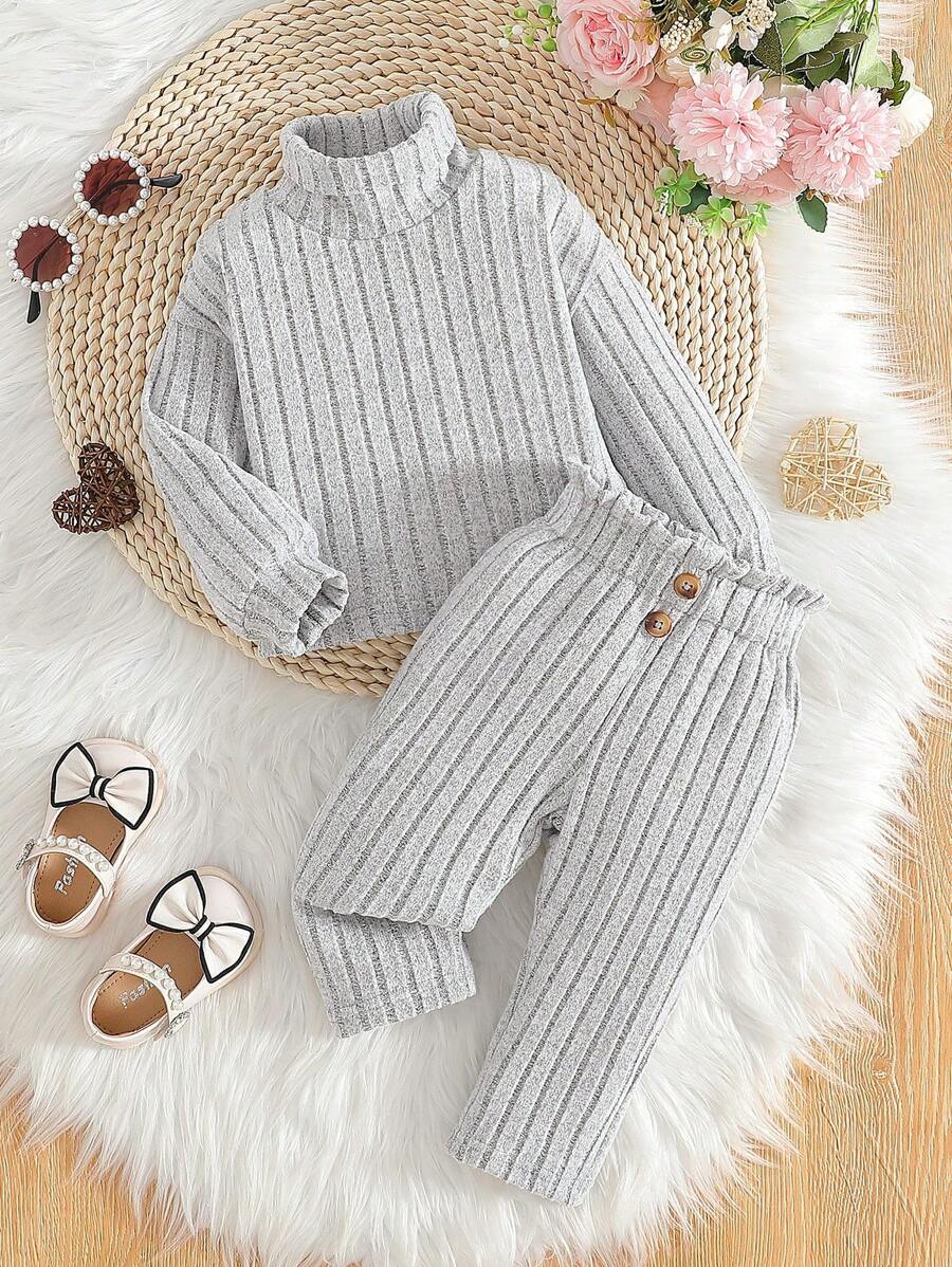 Set 2 buc. bluză și pantaloni cu volane, casual, solidă, cu guler înalt, umeri căzuți, mânecă lungă, pentru bebeluși, potrivit pentru ieșiri în oraș, primăvară/toamnă - Gri - Vizualizare 1