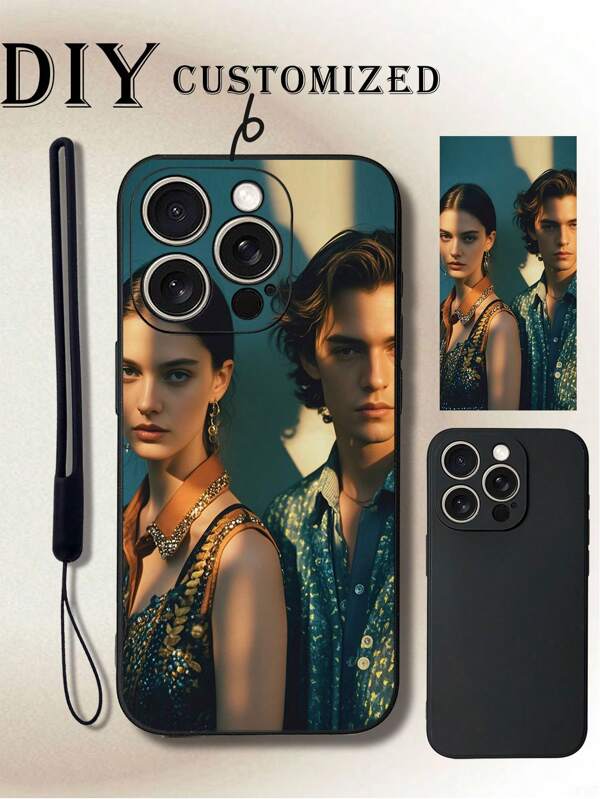 1pc preto TPU cordão cinta e 1pc preto TPU padrão personalizável capa protetora de telefone serve para Galaxy/OPPO/Redmi/IPhone