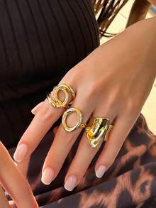 3 件夸张时尚不对称金属几何空心圆环戒指，简约复古朋克重珠宝，可堆叠饰品配饰套装，适合女士 - 戒指套裝 - 查看 2