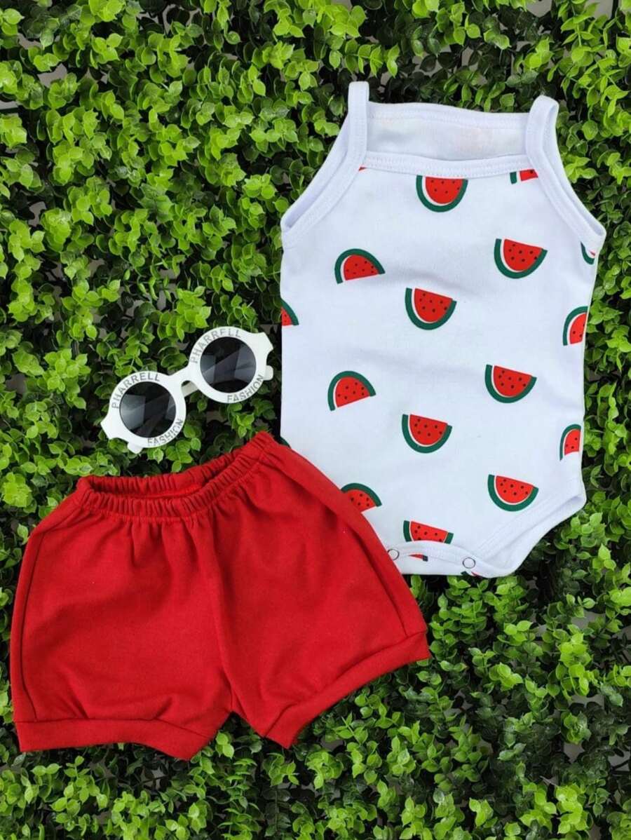 Printed Strappy Bodysuit And Shorts Set For Baby Girls 100% Cotton