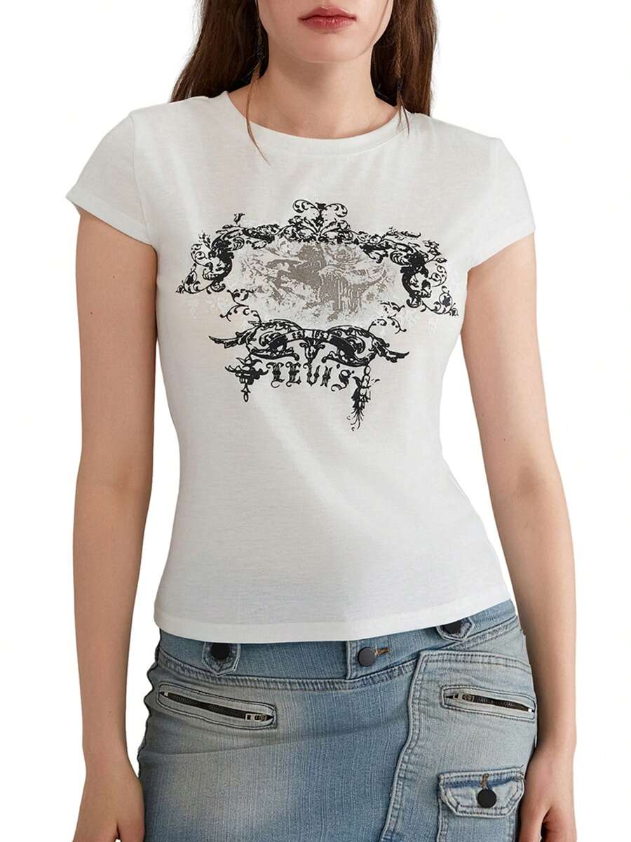 Women Short Sleeve Graphic Tees Y2K Vintage Aesthetic Gothic Tops Emo Teen Girls 2000s Streetwear Crew Neck Slim Fitted Shirts Going Out Outfits 1 Pcs 140g Rams 95% Polyester 5% Cotton Top - 白色 - 查看 1