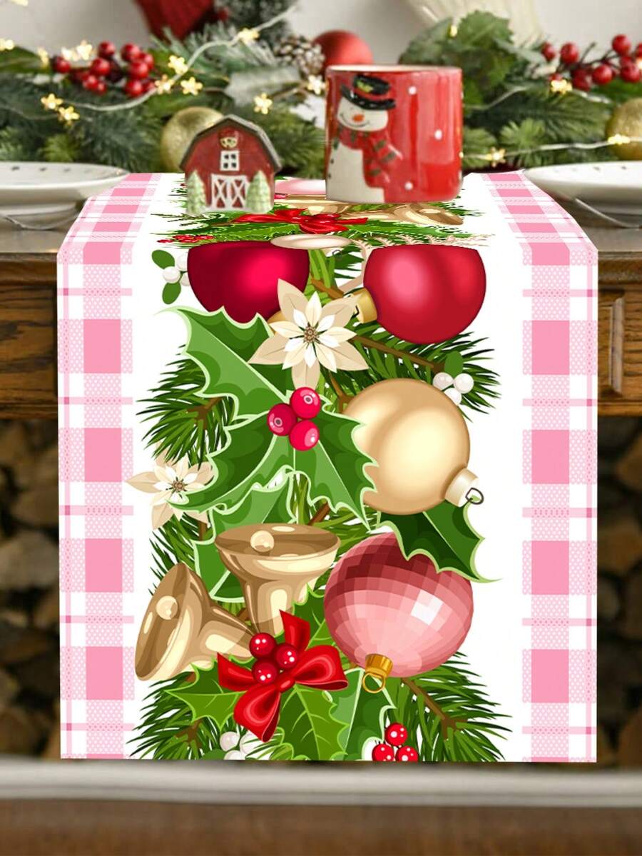 1 件圣诞桌旗，粉色水牛格纹涤纶桌旗，圣诞球花藤印花桌旗桌布桌布，节日家居厨房餐桌装饰，圣诞节家居装饰用品，冬季节日房间家居装饰，圣诞派对小礼品，圣诞餐桌装饰，家居装饰，圣诞快乐礼物，2025 新年装饰，圣诞节 - 粉紅白格子 - 查看 1