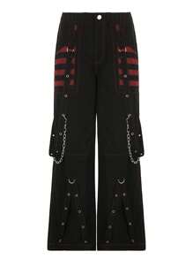Women's Punk Gothic Long Pants Loose Hip-Hop Strap Buttoned High Waist Stripe Pants For Summer Streetwear