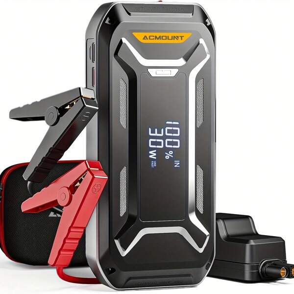 Accumulatore di avviamento di emergenza Acmount da 5000 A, avviatore di emergenza con batteria per auto da 12 V per tutti i motori a benzina e da 10,0 litri, avviatore di emergenza portatile con ampio display LCD, ricarica rapida USB e luce LED