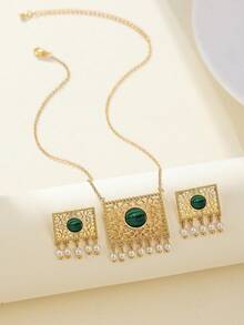 3 件套矩形经典图案绿松石和活泼珍珠耳环和项链套装 - 3件套項鍊耳環套裝 - 查看 4