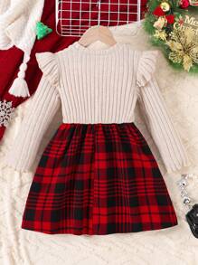 Young Girls Christmas Bow Decor Long Sleeve Round Neck Dress