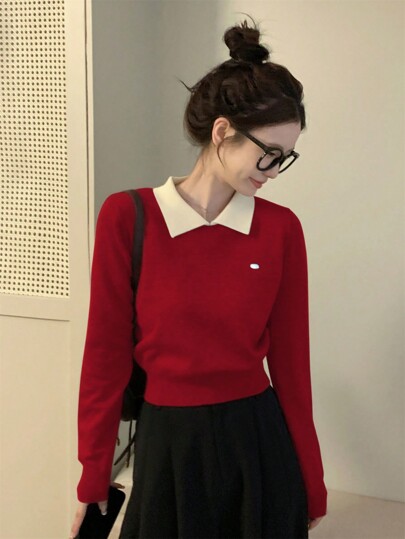 Korean Polo Collar Autumn/Winter New Short Top, Thin Top, Color Block , Long Sleeved Women's Sweater