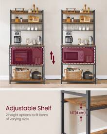 VASAGLE Kitchen Storage Rack With Power Outlet, Coffee Bar, Baker's Rack, With Metal Wire Panel, 14 Hooks, For Microwave, Steel Frame, 40 X 80 X 170 Cm, Rustic Brown And Ink Black
