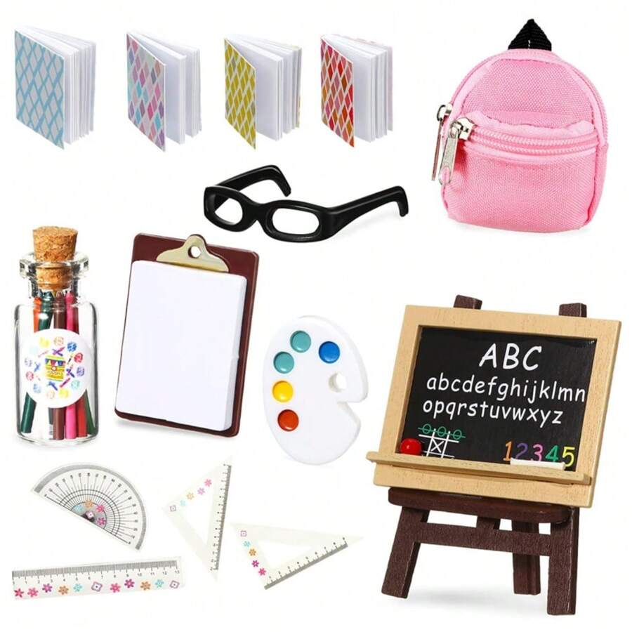 14 pièces/ensemble réaliste miniature combo sac à dos, set miniature 1:12 fournitures scolaires micro modèle, papeterie créative minuscule, comprend mini-sac à dos, lunettes, mini-ardoises, bloc-notes, crayon, meilleurs cadeaux