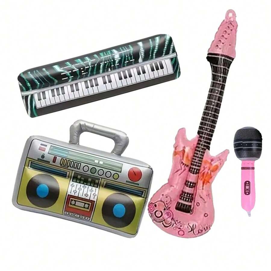 Inflatable Musical Instrument Set: Including Microphone, Radio, Keyboard And Guitar - Perfect For Parties And Gatherings - Multicolor - View 1