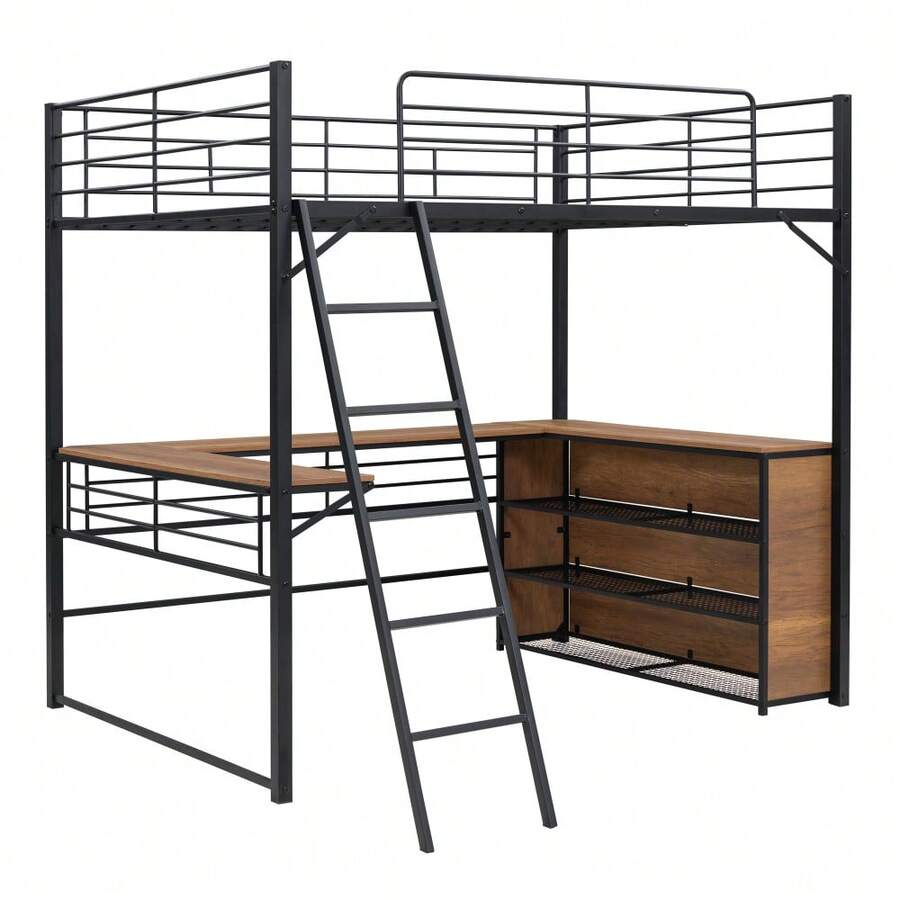 Twin Size Metal Loft Bed With 3 Layers Of Shelves And LShaped Desk