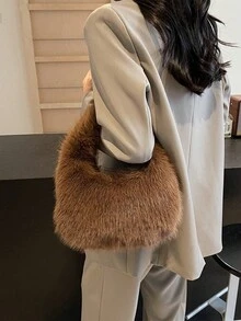 1 件温暖冬季纯色毛绒手提包，简单百搭，学生风格腋下包，可爱甜美少女造型 - 棕色 - 查看 2