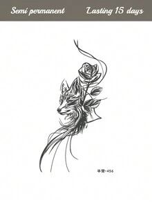 1片装草本汁半永久魔法纹身贴纸，抽象温柔狐狸玫瑰狼图案，音乐节礼物，7-14天防水，适用于手臂、胸部、背部、身体等部位的临时纹身 - 藍色 - 查看 2