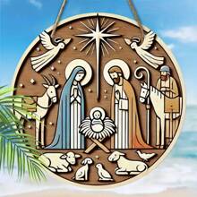 2D立体浮雕耶稣诞生场景木质牌匾 - 圣诞/新年装饰牌，圣诞/新年礼物，圆形墙饰，适合家居装饰，完美的基督教礼物（款式随机） - 彩色 - 查看 3