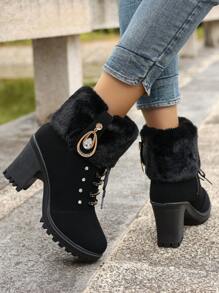 Botas de mujer de talla grande con tacón alto negro, nuevo diseño de otoño/invierno con cuello esponjoso, hebilla, tacón grueso, puntera redonda, decoración de rhinestone, cordones, botines de tobillo para San Valentín, botas de nieve - Negro - Ver 6