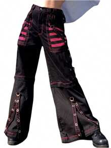 Fashionable Women Long Pants, Loose Hip-Hop Strap Buttoned High Waist Stripe Long Pants For Summer - màu đen - Xem 2