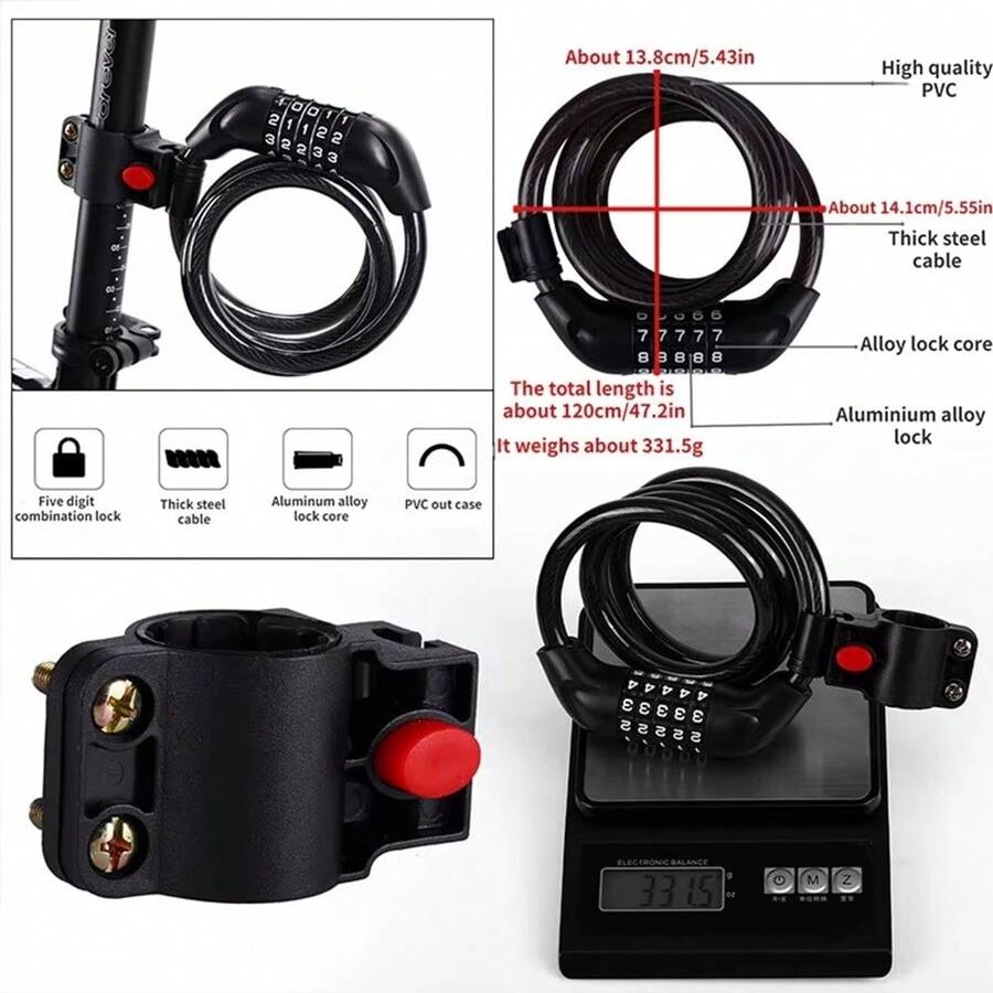 Antivol de vélo à câble à code numérique à 5 chiffres 1200 mm * 12 mm, antivol de vélo avec mot