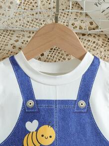 1 件装女婴夏季可爱蜜蜂和花卉印花圆领二合一连体连衣裙 - 白色 - 查看 4