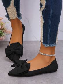 Women's New Outdoor Bow Knot Pointed Toe Low Vamp Flat Shoes Black Breathable Fabric Soft Bottom Daily Work Shoes, Driving Moccasins Lady Flat Shoes