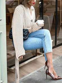 Womens Cropped Cardigan Sweater Button Down Chunky Knit Sweater Long Sleeve Fall Open Front Cardigan - 白色 - 查看 3