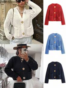 Womens Cropped Cardigan Sweater Button Down Chunky Knit Sweater Long Sleeve Fall Open Front Cardigan - 白色 - 查看 6