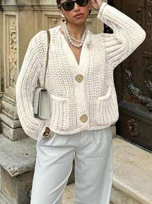 Womens Cropped Cardigan Sweater Button Down Chunky Knit Sweater Long Sleeve Fall Open Front Cardigan - 白色 - 查看 2