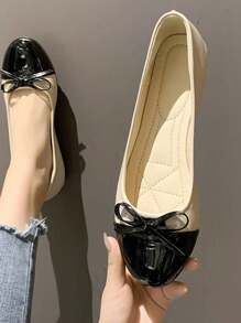 Plus Size Women Comfortable Versatile Round Toe Color Blocking Slip-On Loafer Flats With Bow Decor