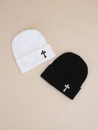 1pc Embroidered Dark Cross Knit Beanie, Outdoor Warm Knit Hat, Casual Versatile Winter Cold-Proof Cap, Suitable For Daily Commute, Unisex