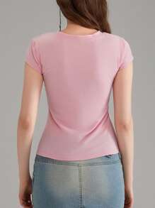 Womens Casual Short Sleeve T-Shirt Vintage Printing Round Neck Exposed Navel Slim Fit Tops - Hồng - Xem 5