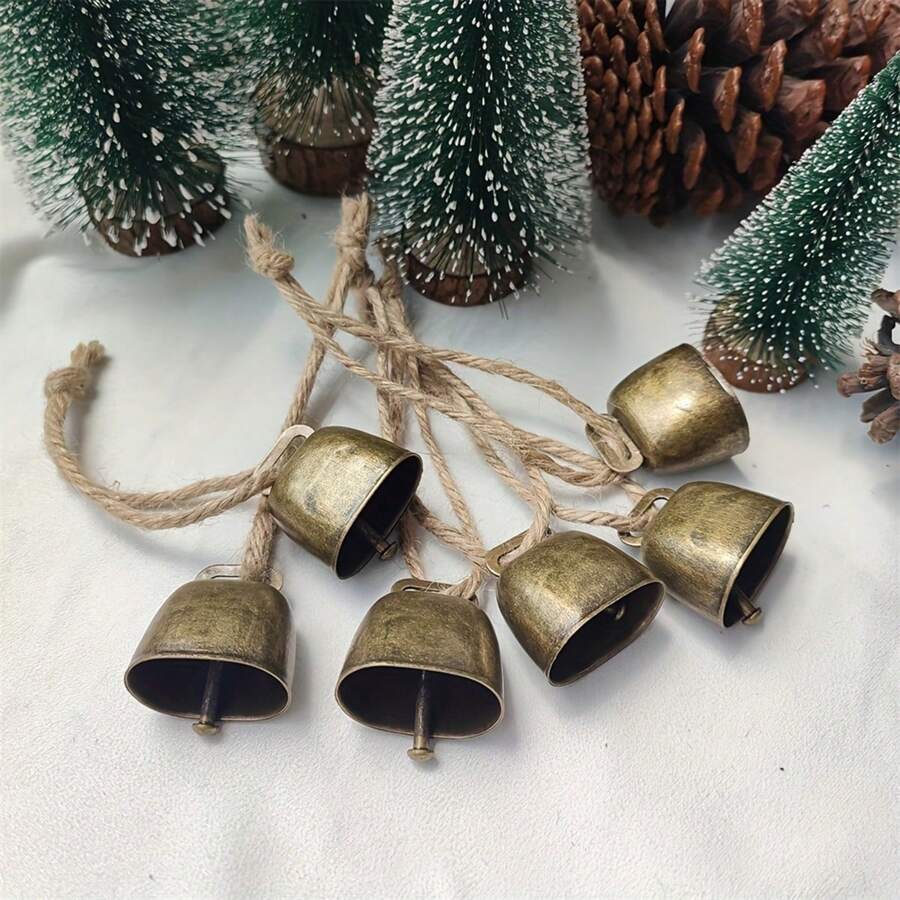 1 set/6 pièces Clochettes de traîneau en fonte, ornements d'arbre de Noël au son cristallin, clochettes suspendues à une corde de jute pour la décoration saisonnière, usage polyvalent pour Halloween, Pâques, Thanksgiving - Fêtes de campagne, animaux de compagnie et bétail, cadeau pour la Saint-Valentin pour femme, anniversaire pour petite amie ou petit ami