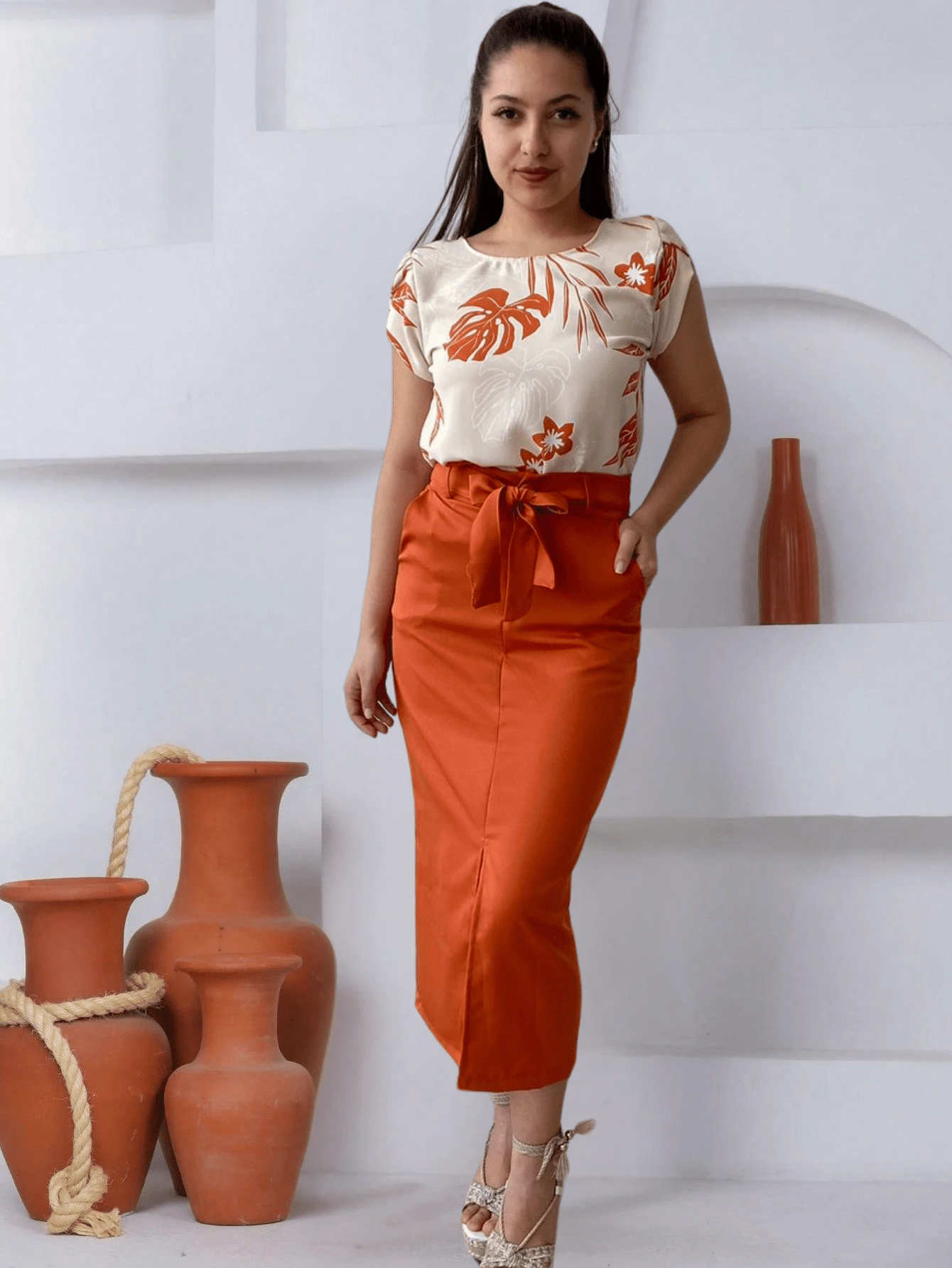 Tailored Midi Skirt With Front Slit And Belt Without Buckle - cá hồi - Xem 1