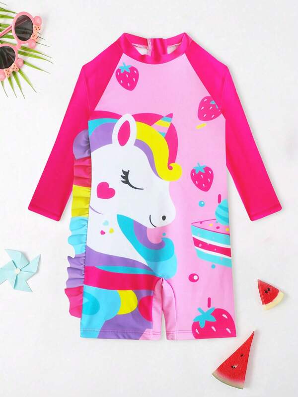 Traje de baño de una pieza de diseño nuevo para niñas, con estampado de unicornios de dibujos animados, lindo y de moda, perfecto para nadar en el mar