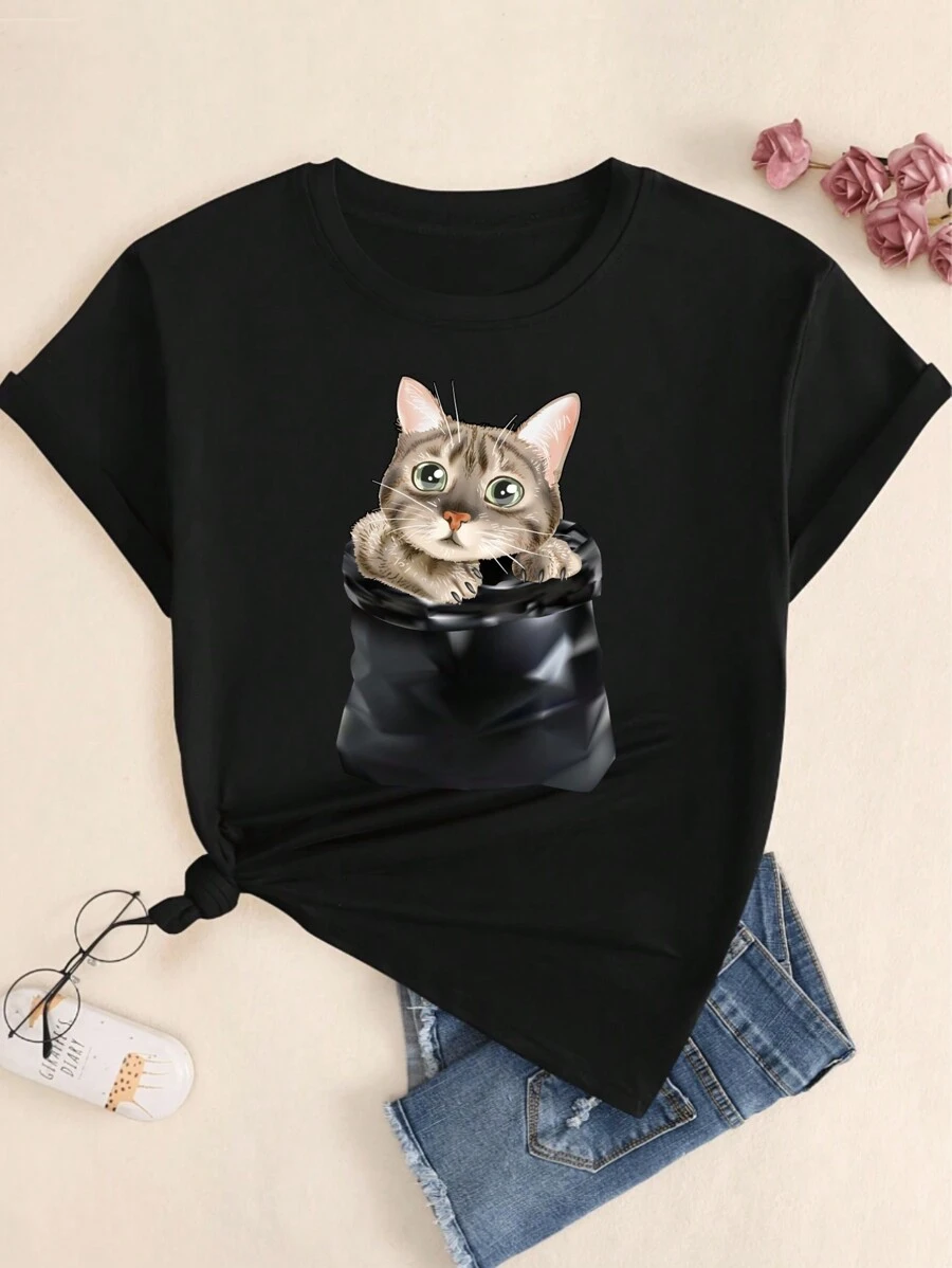 Cute Kitten Printed T-Shirt In The Bag Women's Fashion Casual Comfort Babylook Blouse Printed Premium - 所以 - 查看 1