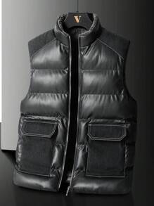 Men's Sleeveless Vest With PU Leather Panel, Warm And Windproof Stand Collar Winter Jacket