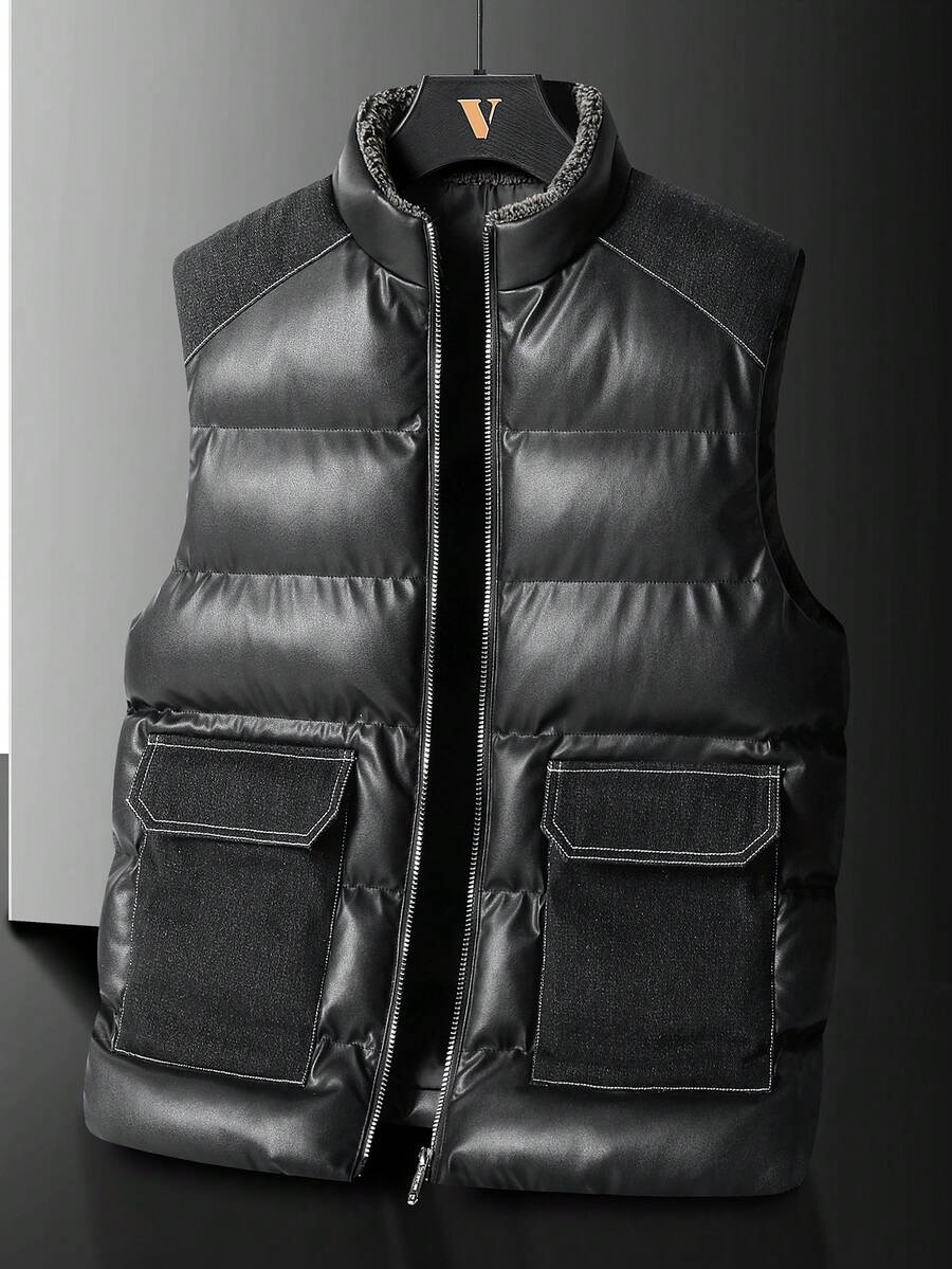 Men's Sleeveless Vest With PU Leather Panel, Warm And Windproof Stand Collar Winter Jacket