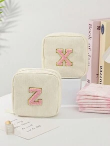 1 Túi vuông nhỏ bằng vải nhung kẻ màu trắng có miếng vá chữ Túi đựng đồ trang điểm, Túi đựng đồ trang điểm di động thời trang giản dị, đa chức năng, Túi đựng đồ lớn dung tích lớn đựng ví, son môi, băng vệ sinh, miếng lót túi, tiền xu, chìa khóa, tai nghe, Air Pod - trắng - Xem 3