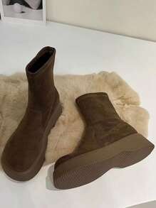 Fashionable Versatile Slip-On Thick Sole Women Boots, Suede Soft Mid-Calf Boots - Khaki - View 2