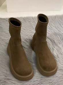 Fashionable Versatile Slip-On Thick Sole Women Boots, Suede Soft Mid-Calf Boots - Khaki - View 3